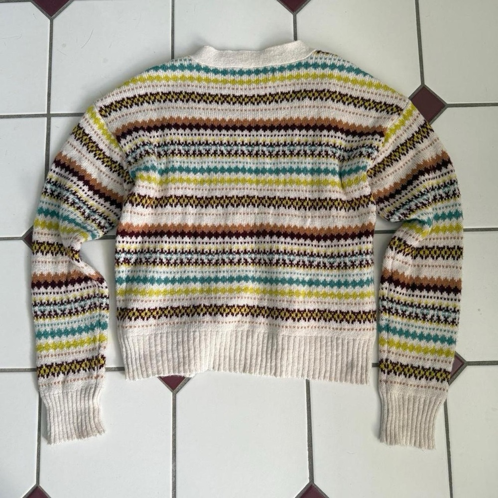 Cottagecore Multicolor Zig Zag Fair Isle Striped Knit Cropped V-Neck Cardigan M - Picture 5 of 7